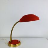 1950s desk lamp, red metal and brass
