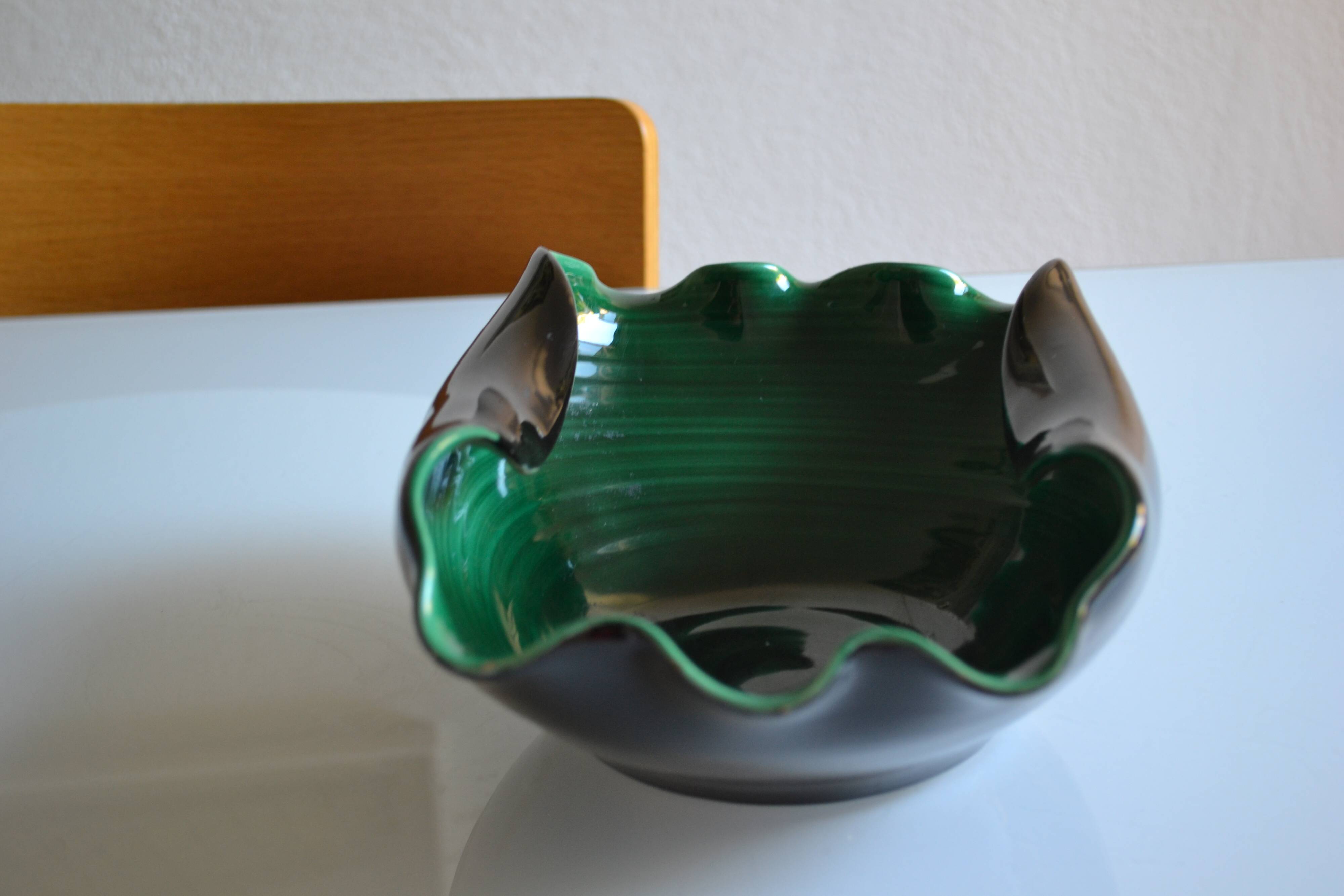 Grande coupe à fruits en céramique vert et noir années 60 60's 1960
