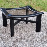 70s design coffee table in black lacquered wood with smoked glass top