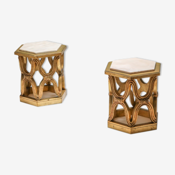 Carved gilded wooden side tables with marble tray - 1970