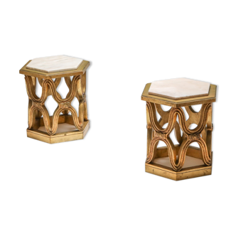 Carved gilded wooden side tables with marble tray - 1970