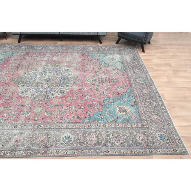 1970s Vintage Persian Handmade Wool Pink Area Rug 292x387