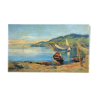 Oil on vintage canvas, "The Fisherman", 20th