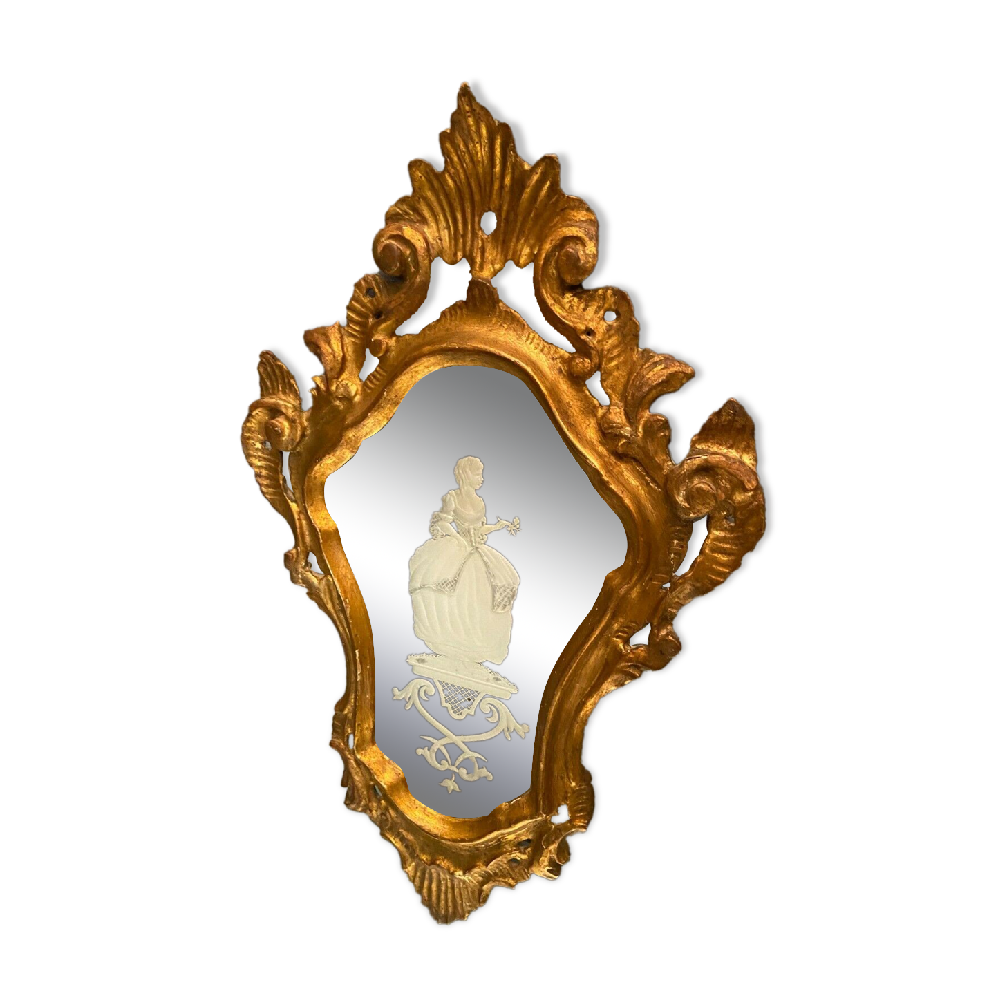 Mirror Rocaille Louis XV gilded wood decorated with a candle display depicting a lady Venice xixth