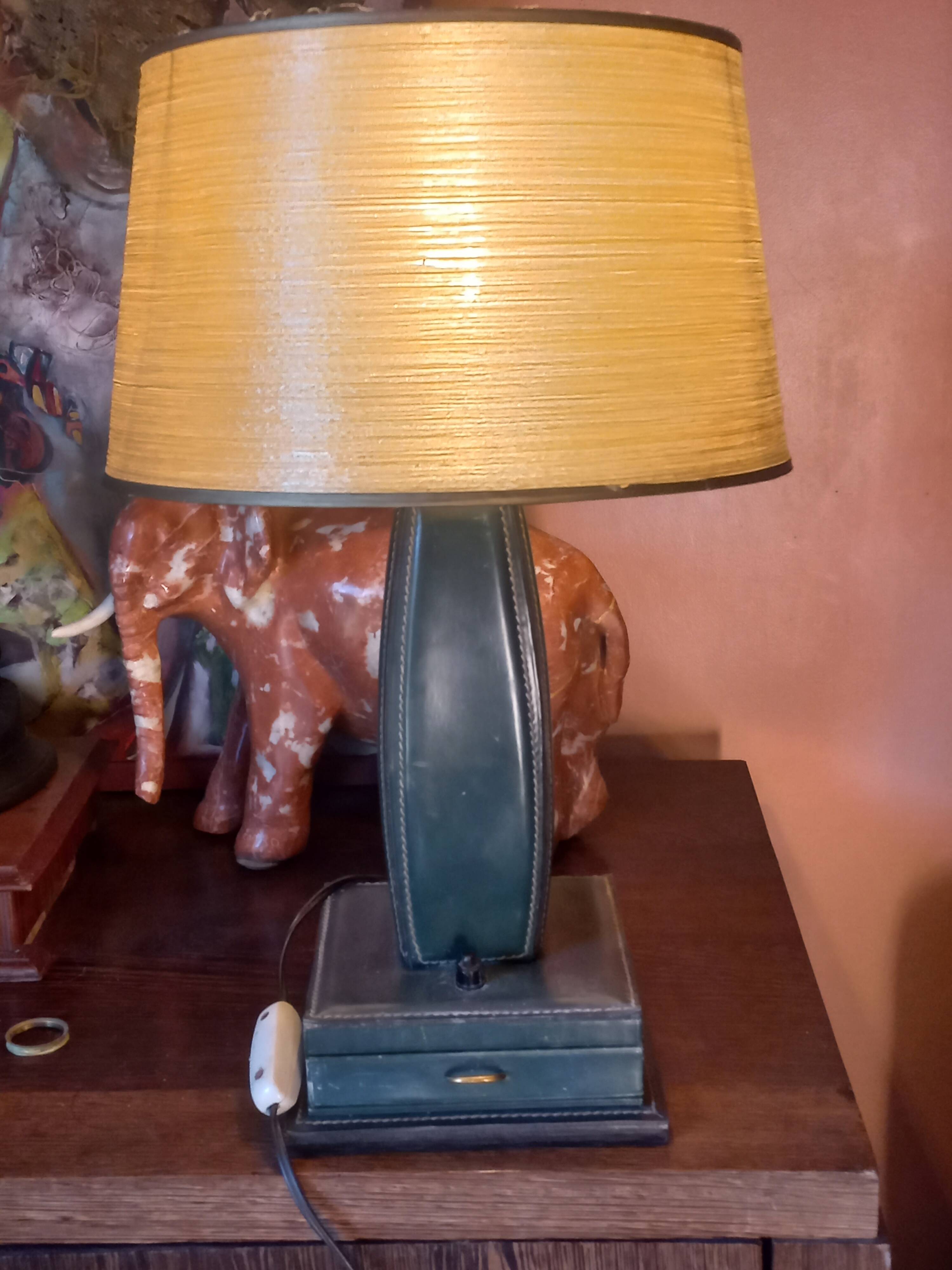 Vintage leather desk lamp with saddle stitching from the 1960s.