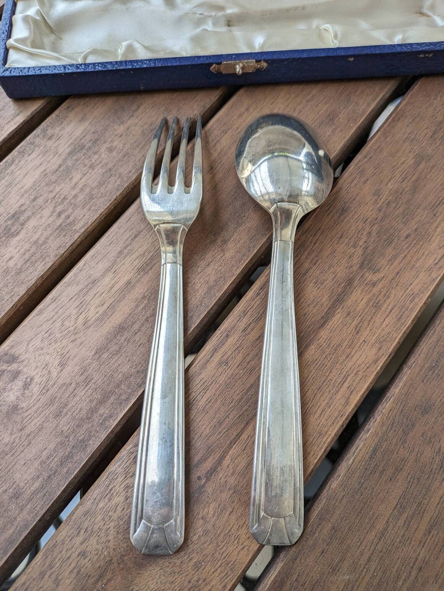 Antique silver plated fork and spoon in box 60g