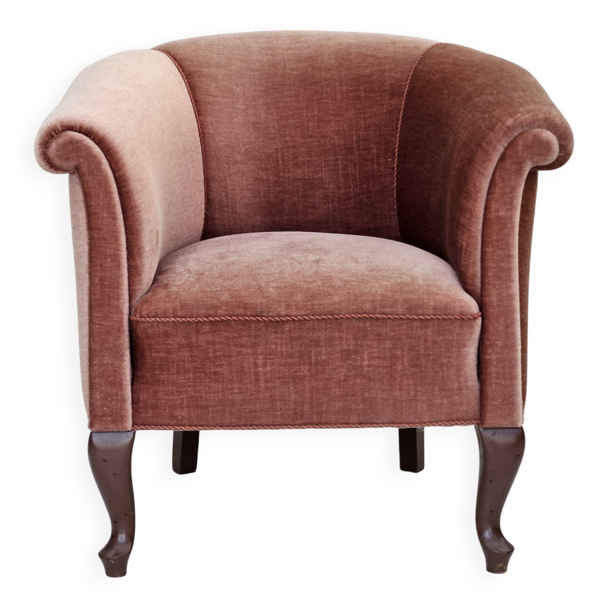 1960s, Danish lounge chair, salmon pink furniture velour, ash wood legs.