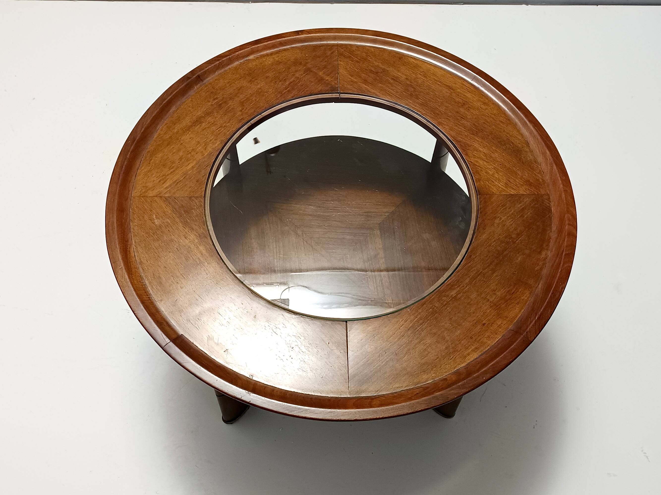 Round Solid Walnut and Crystal Coffee Table attr. to Paolo Buffa, Italy