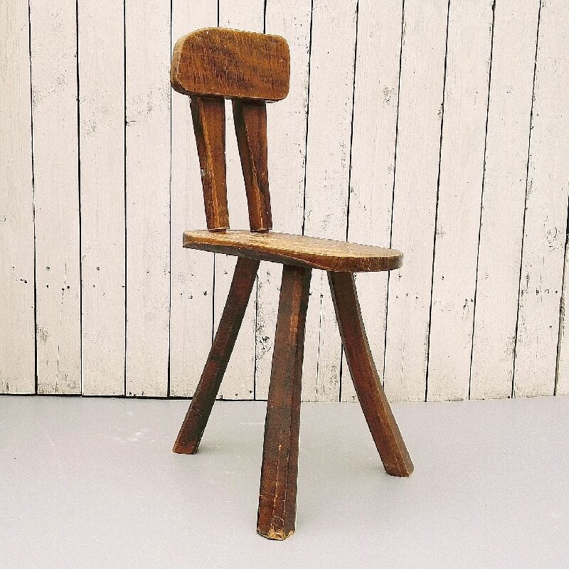Vintage brutalist wooden tripod chair