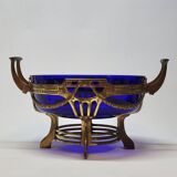 Ancienne jardinière centre de table en métal doré et verre bleu cobalt