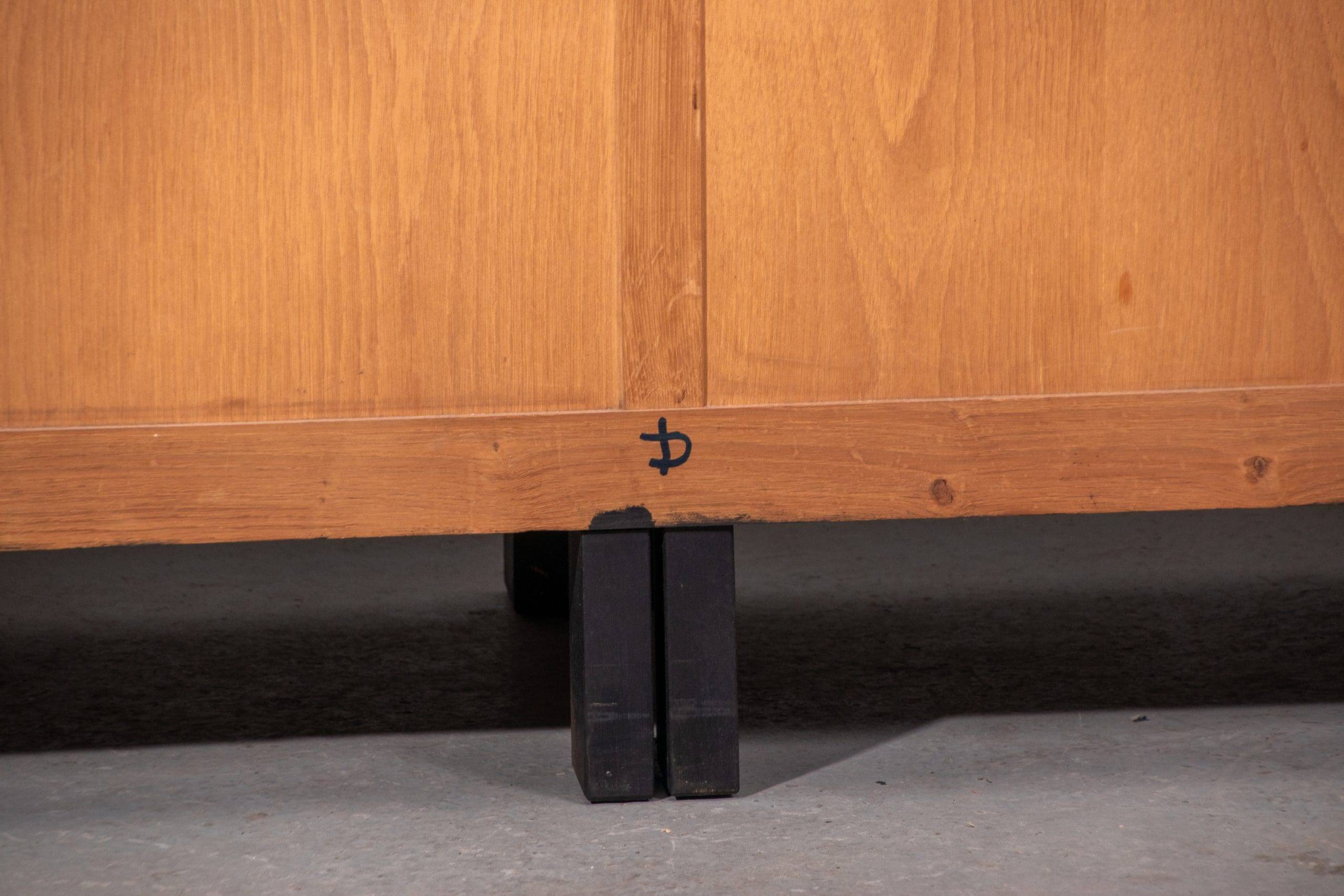 Black oak brutalist sideboard by Jean Batenburg with graphical doors for MI, Belgium
