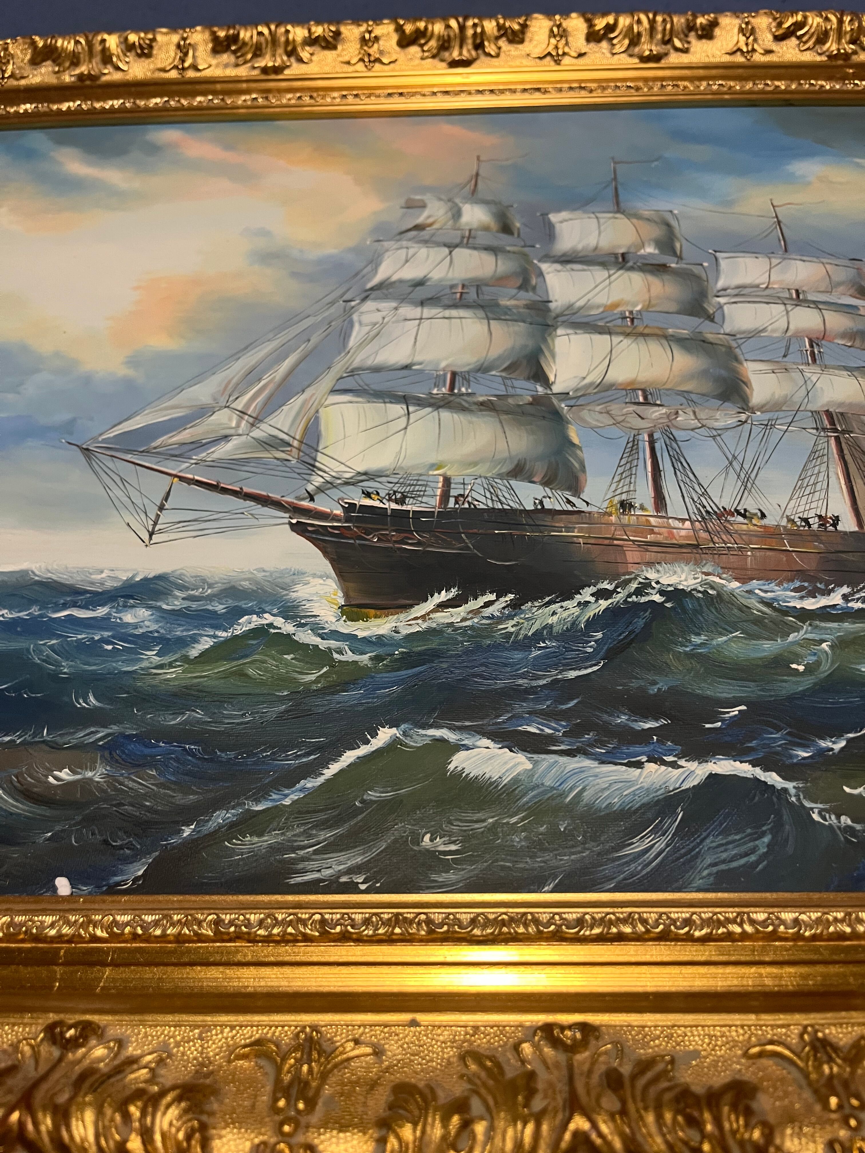 Large Marine Painting 3-Mast Sailing Ship - Sunset Sky