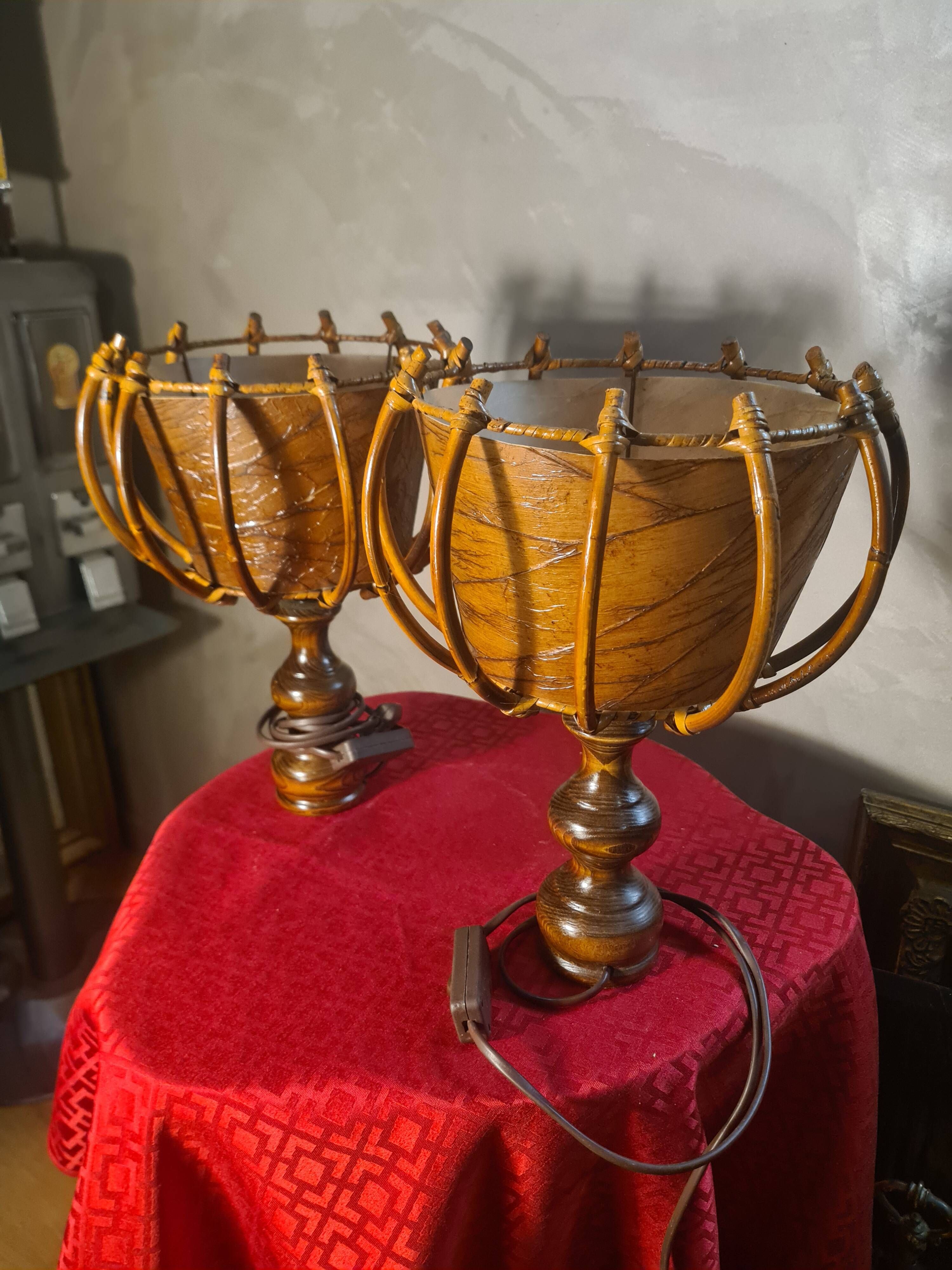 pair of vintage rattan table lamps by Louis Sognot 32x26 - 1950s-60s