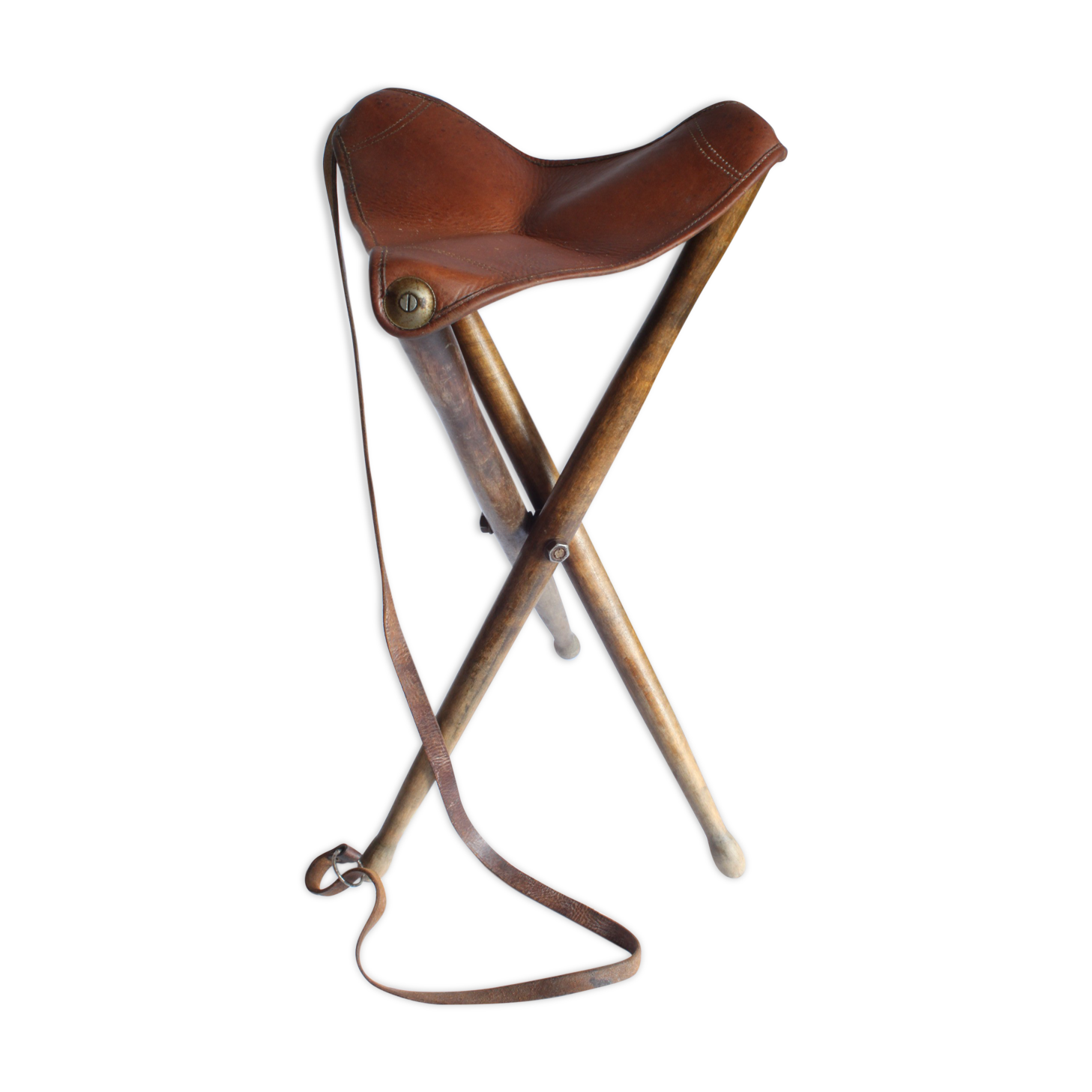 Tabouret de chasse en cuir trépied en bois pliable, France années 1960.