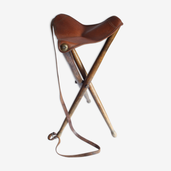 Foldable wooden tripod leather hunting stool, France 1960s.