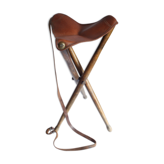 Foldable wooden tripod leather hunting stool, France 1960s.