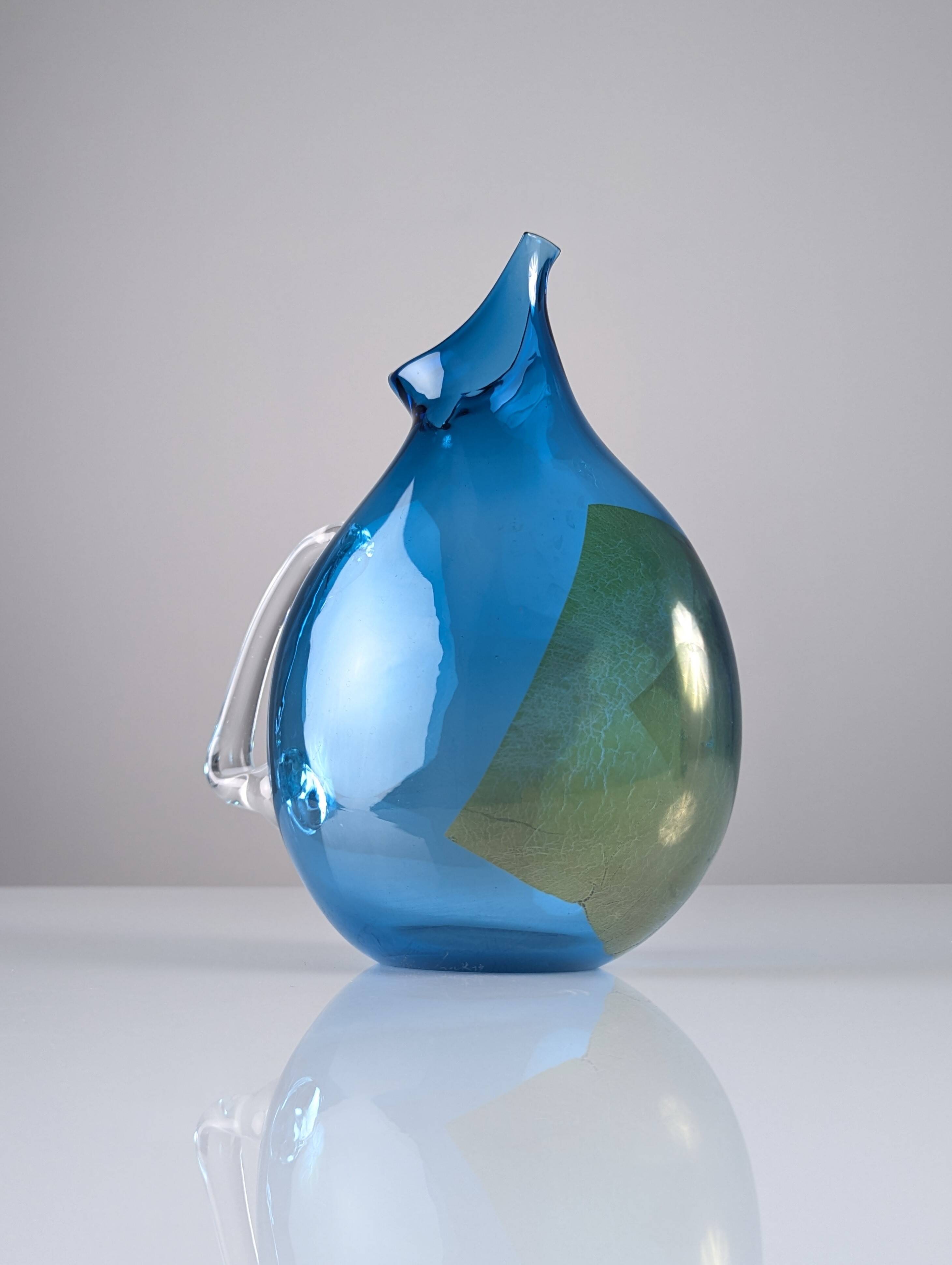 Unique Hand-Blown Glass Jug Signed by 20th Century Artisan – Vibrant Blue