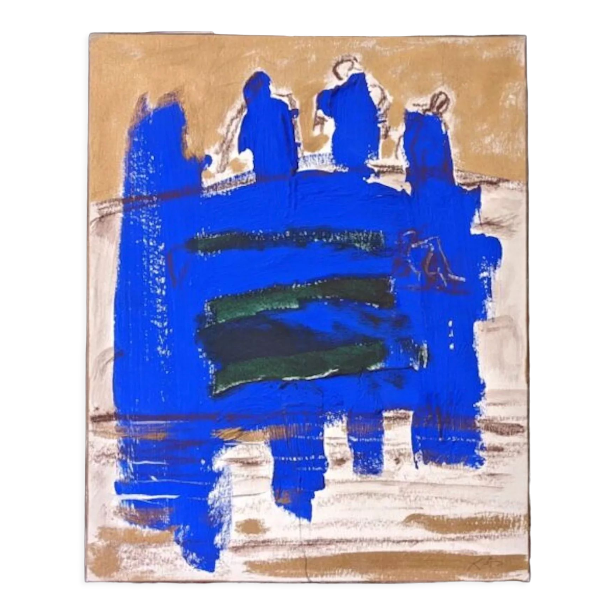 Mid-century modern "abstract in blue" swedish vintage abstract mixed media painting, framed