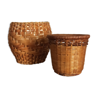 Duo of wicker and rattan plant pots