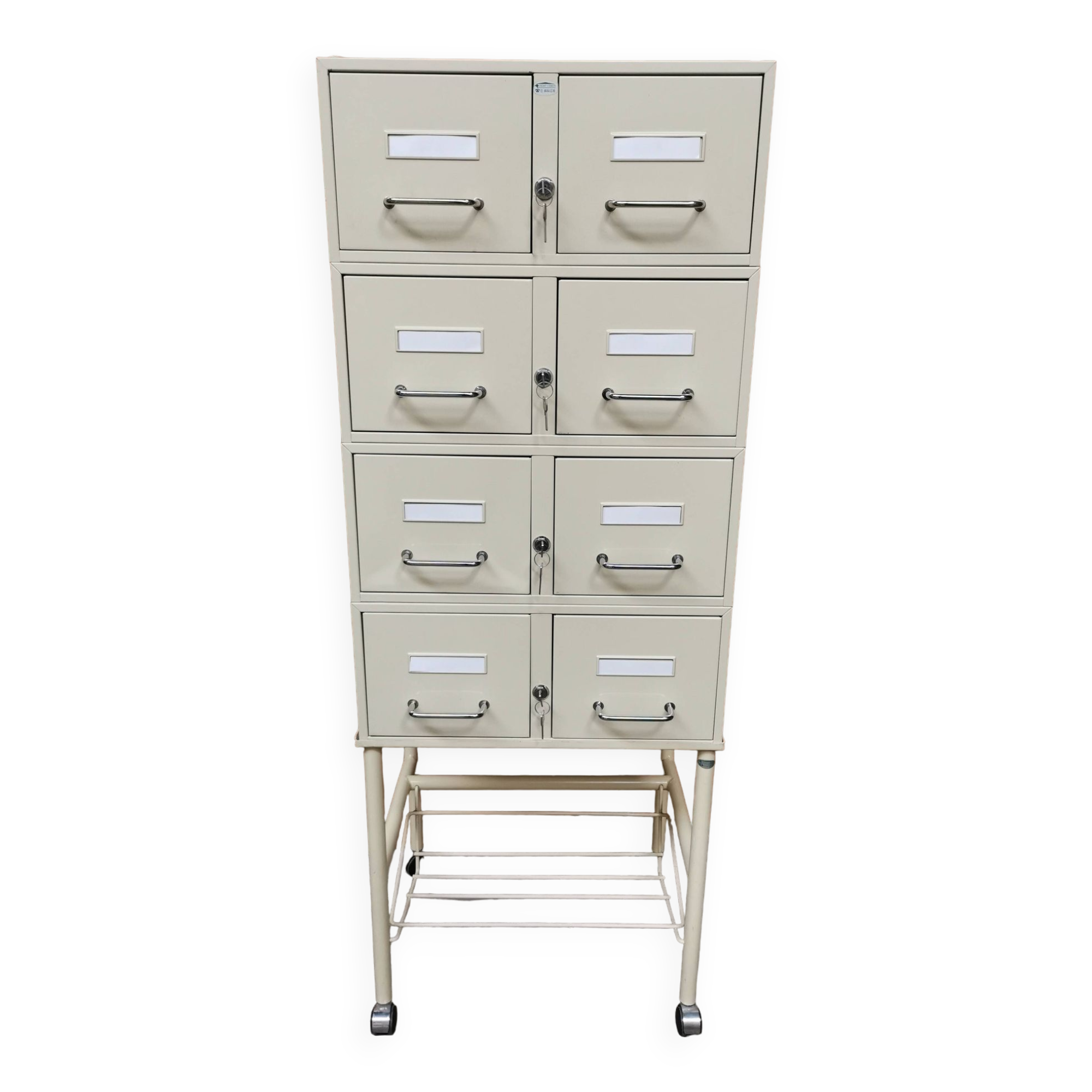 Vintage storage unit, 8 lockers, industrial design in metal