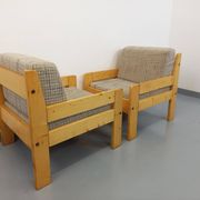 Set of 2 vintage fireside chairs in pine and fabric from the 70s