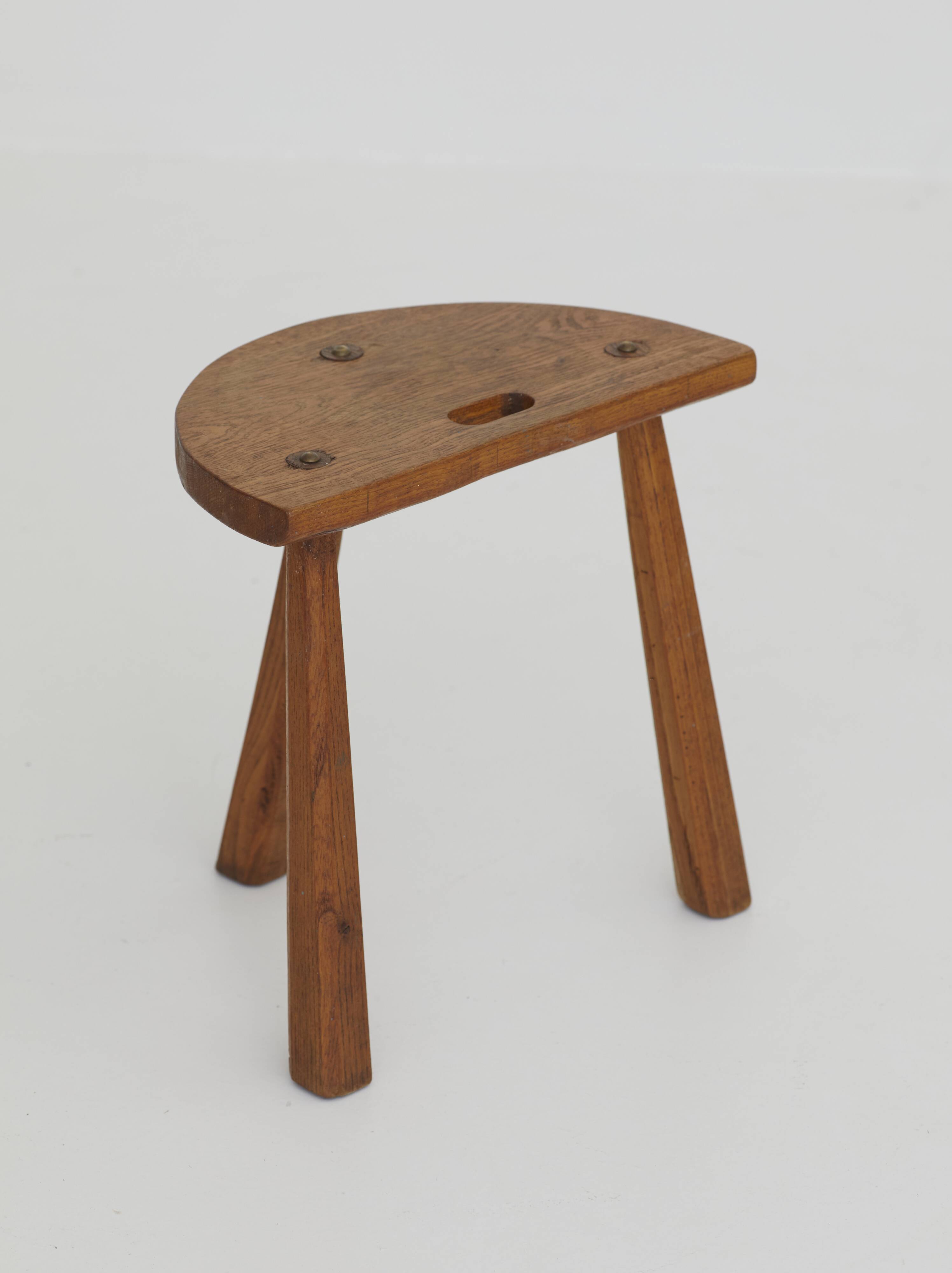 2 vintage solid wood half-moon tripod stools, circa 1950