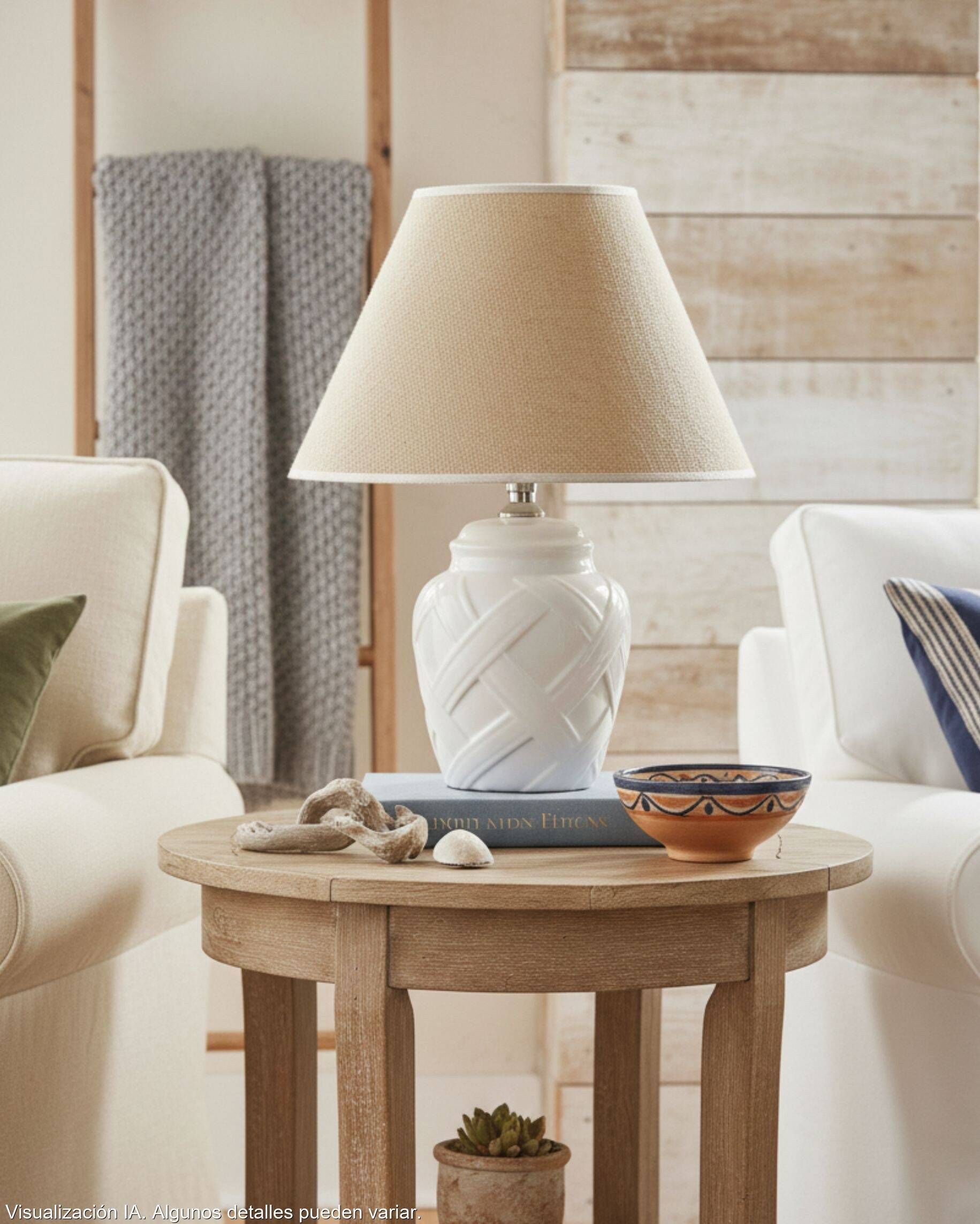 White ceramic lamp base from Manises, intertwined geometric relief.