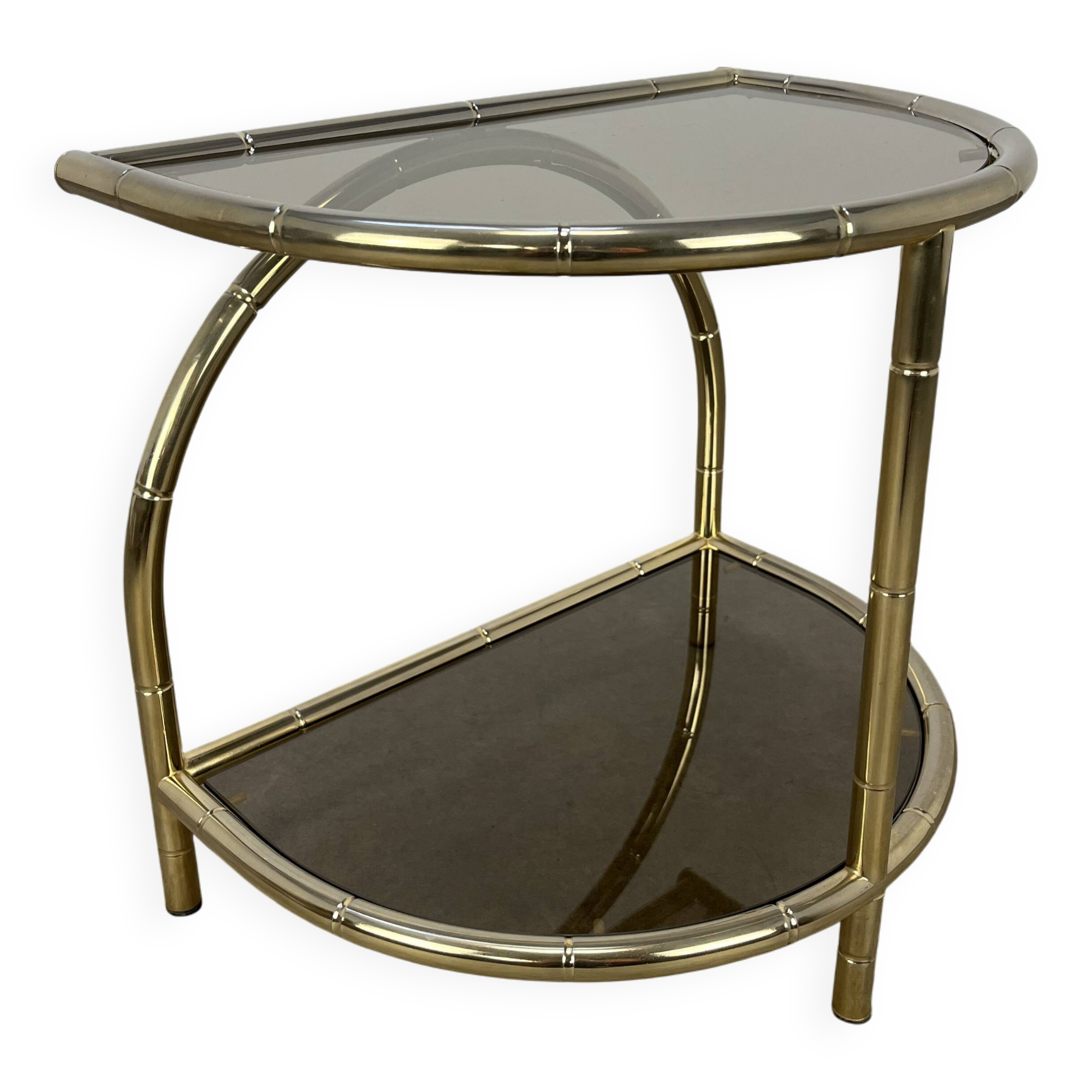 Hollywood Regency bamboo side table, gold and smoked glass, 70s