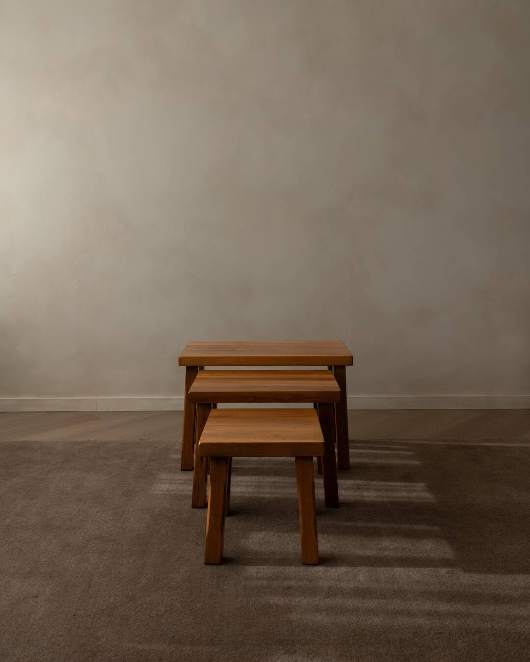 Brutalist Solid Oak Nesting Tables (Set of 3) – Dutch 1970s