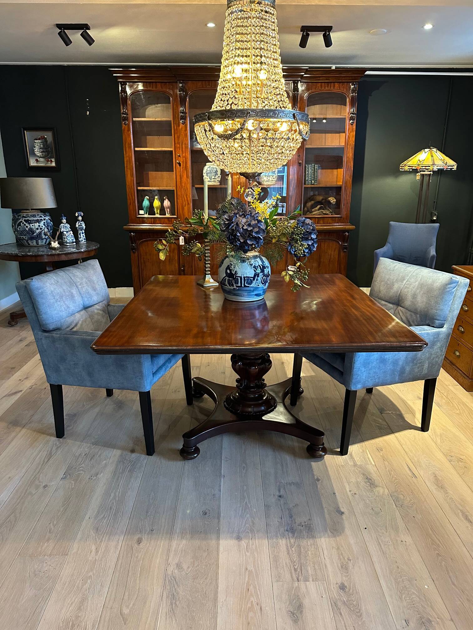 19th century almost square antique mahogany dining table.
