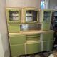 Hungarian Art Deco green and cream kitchen cabinet with glass doors, 1940s