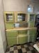 Hungarian Art Deco green and cream kitchen cabinet with glass doors, 1940s