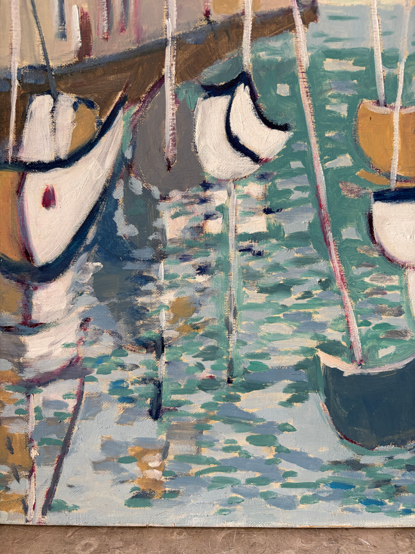 Houses by the port in the mist, oil on canvas signed 1989