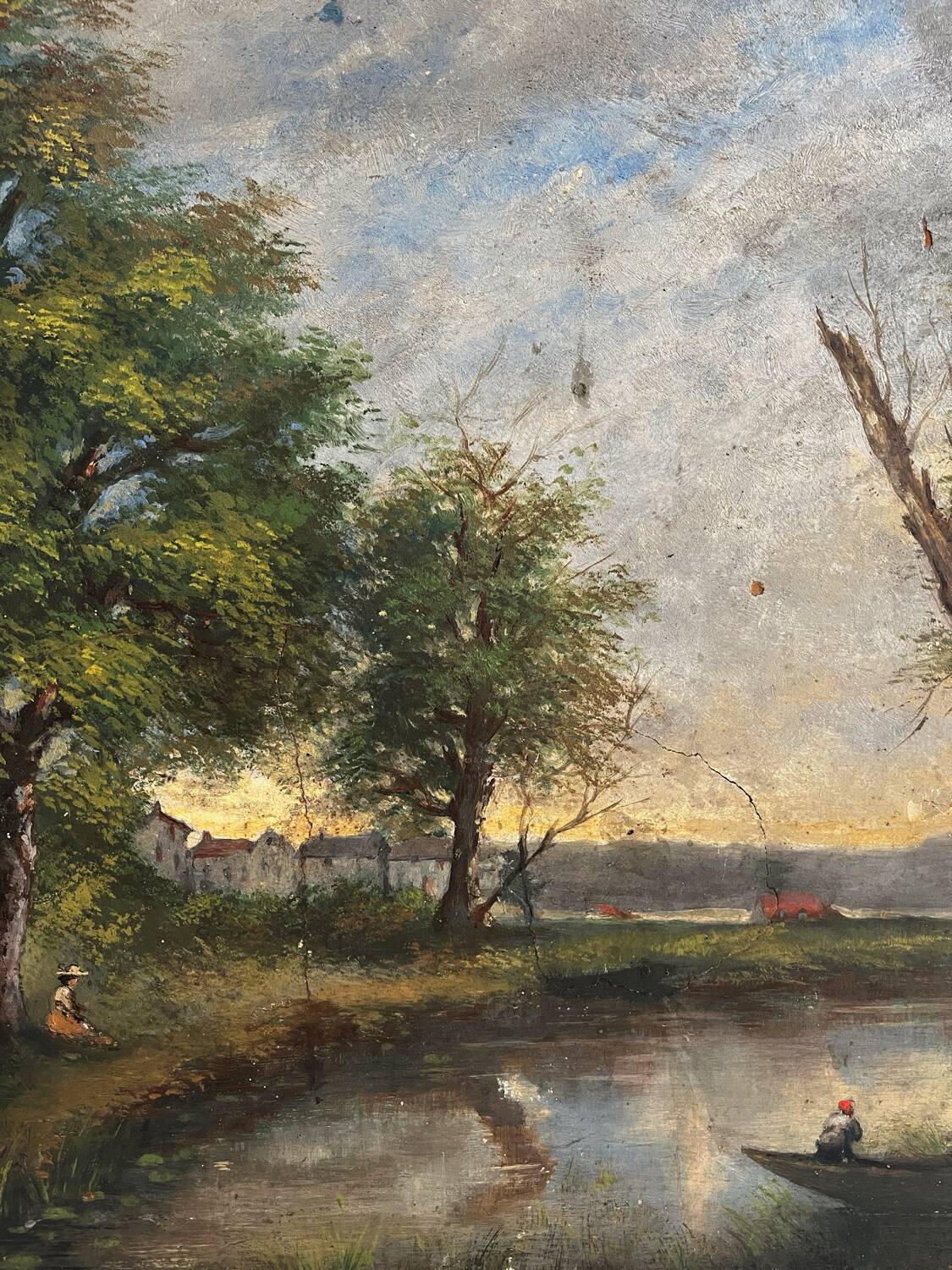 Old oil painting on canvas of a landscape by the pond.