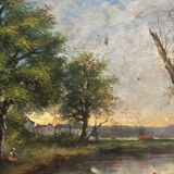 Old oil painting on canvas of a landscape by the pond.