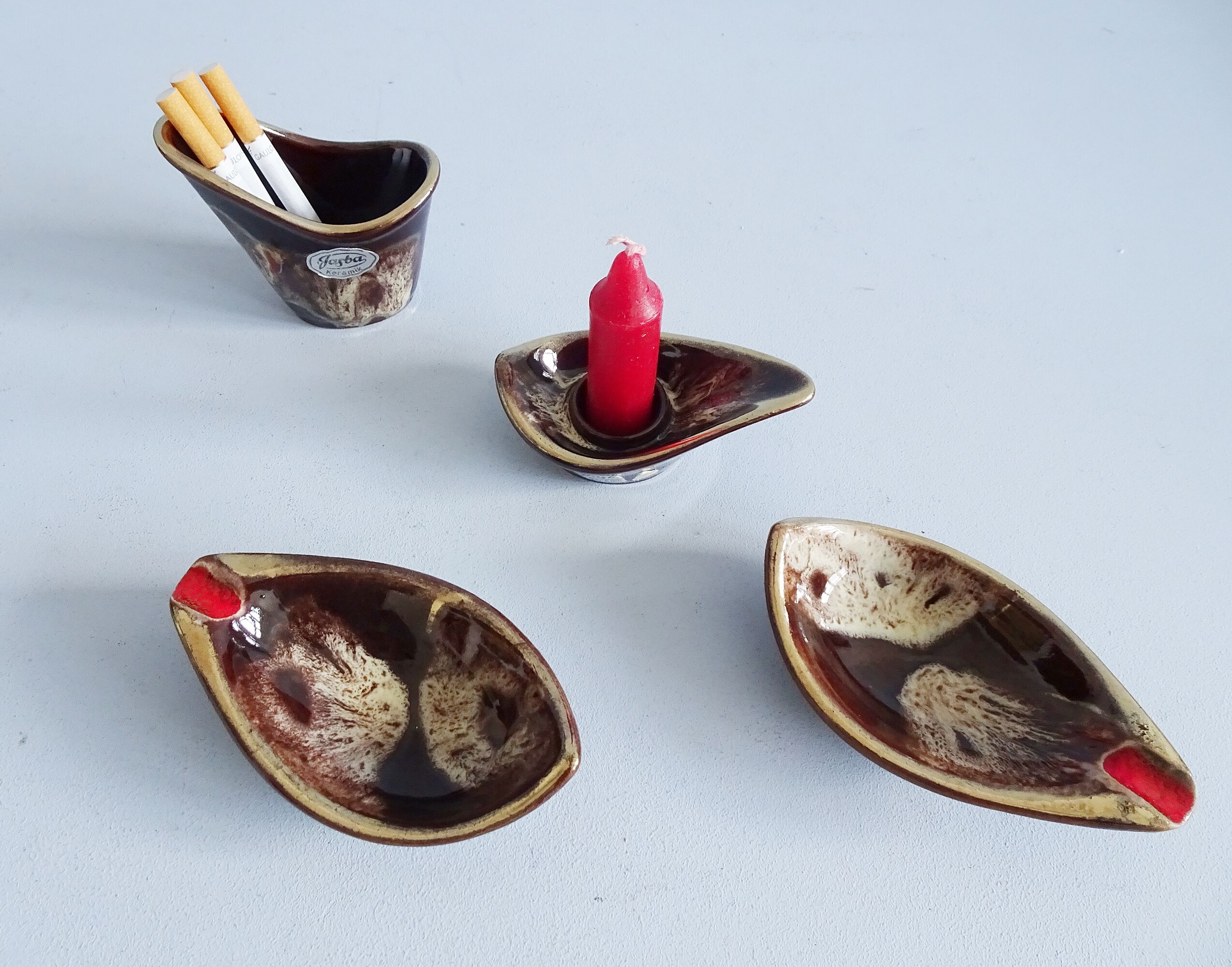 Jasba smoking set in brown red, four-piece Jasba ceramic set, table set, ashtray, candle holder hous