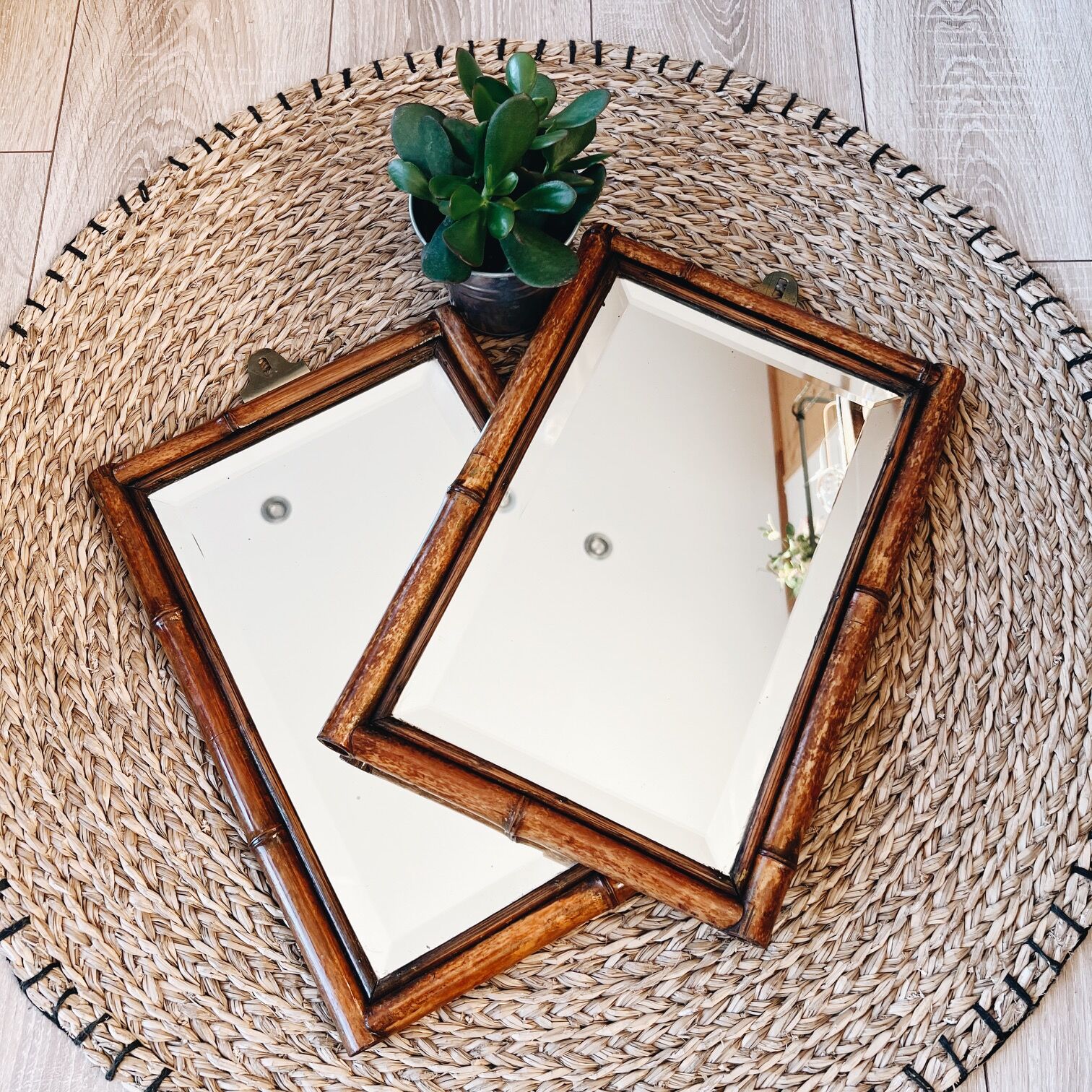 Duo of beveled bamboo mirrors