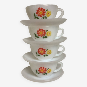 Four old Arcopal orange flower cups