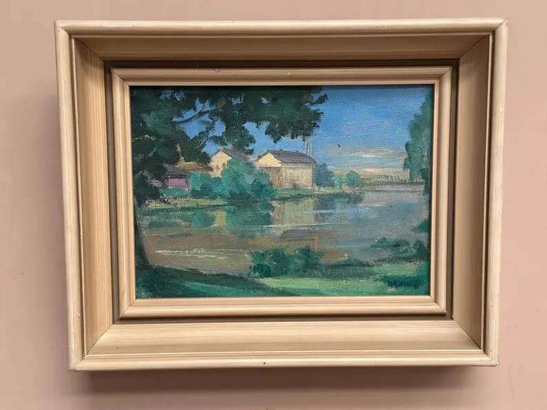 Original Oil on Canvas – “House near The Lake” by Fern I. Coppedge – Signed – Vintage & Framed – 30 × 24 cm (11.8" × 9.4")