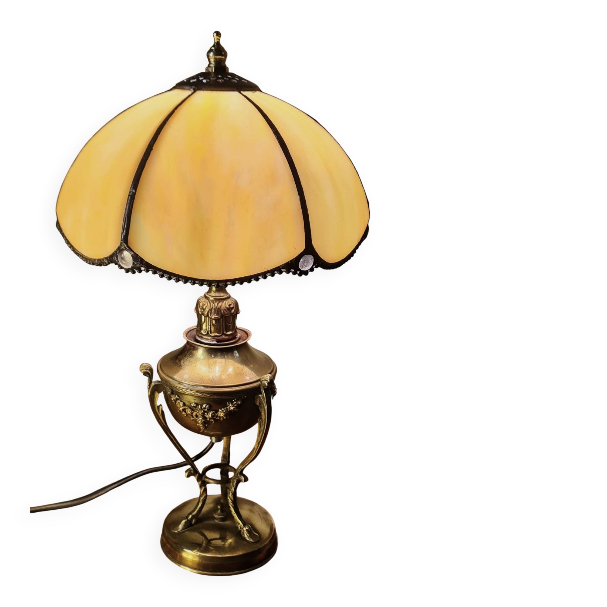 Vintage brass petrol lamp, electric, with glass and lead shade, 38x21