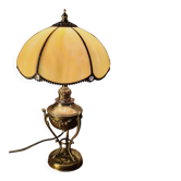 Vintage brass petrol lamp, electric, with glass and lead shade, 38x21
