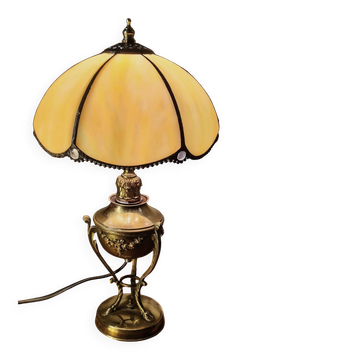 Vintage brass petrol lamp, electric, with glass and lead shade, 38x21