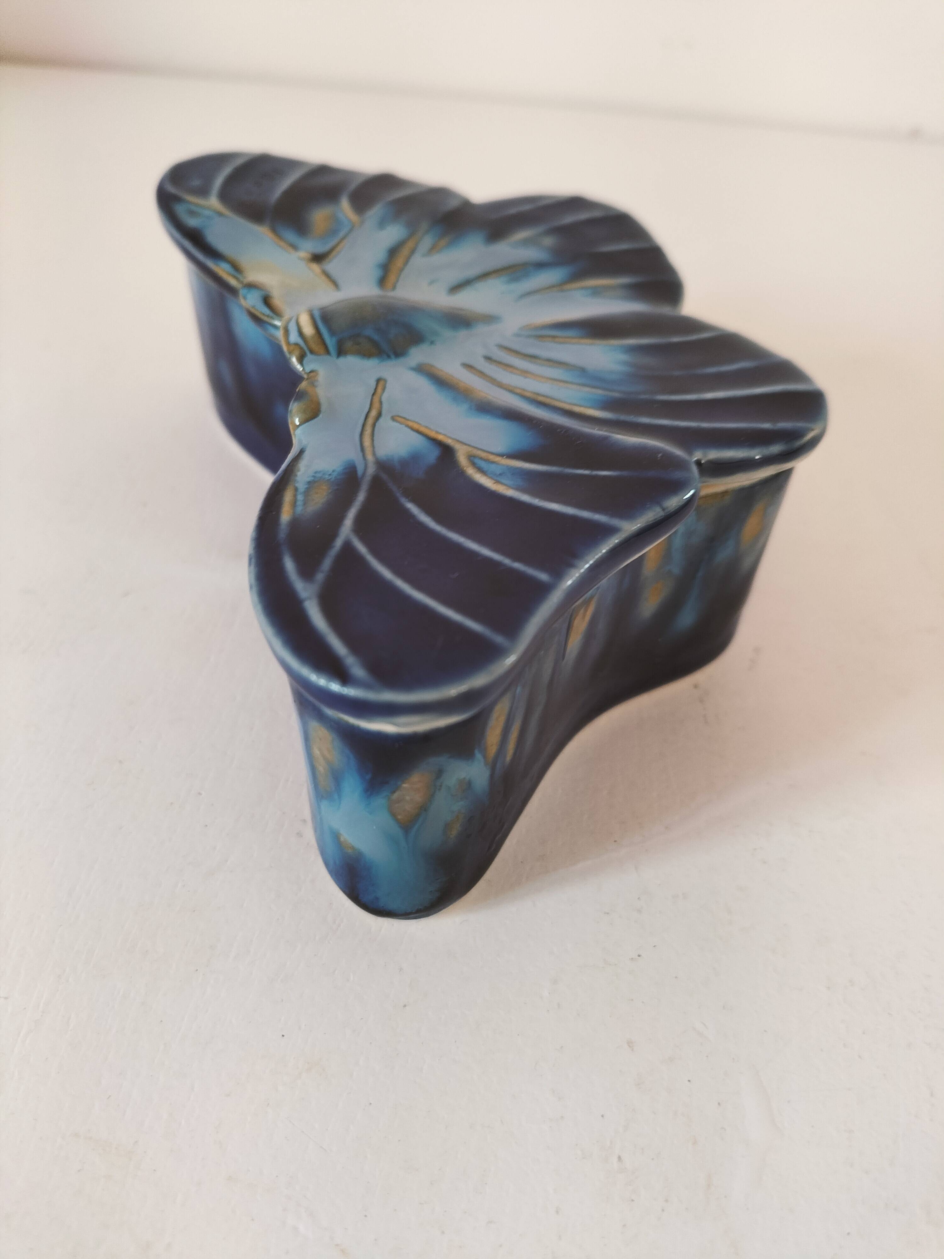 Vintage blue enameled ceramic butterfly box signed alpho