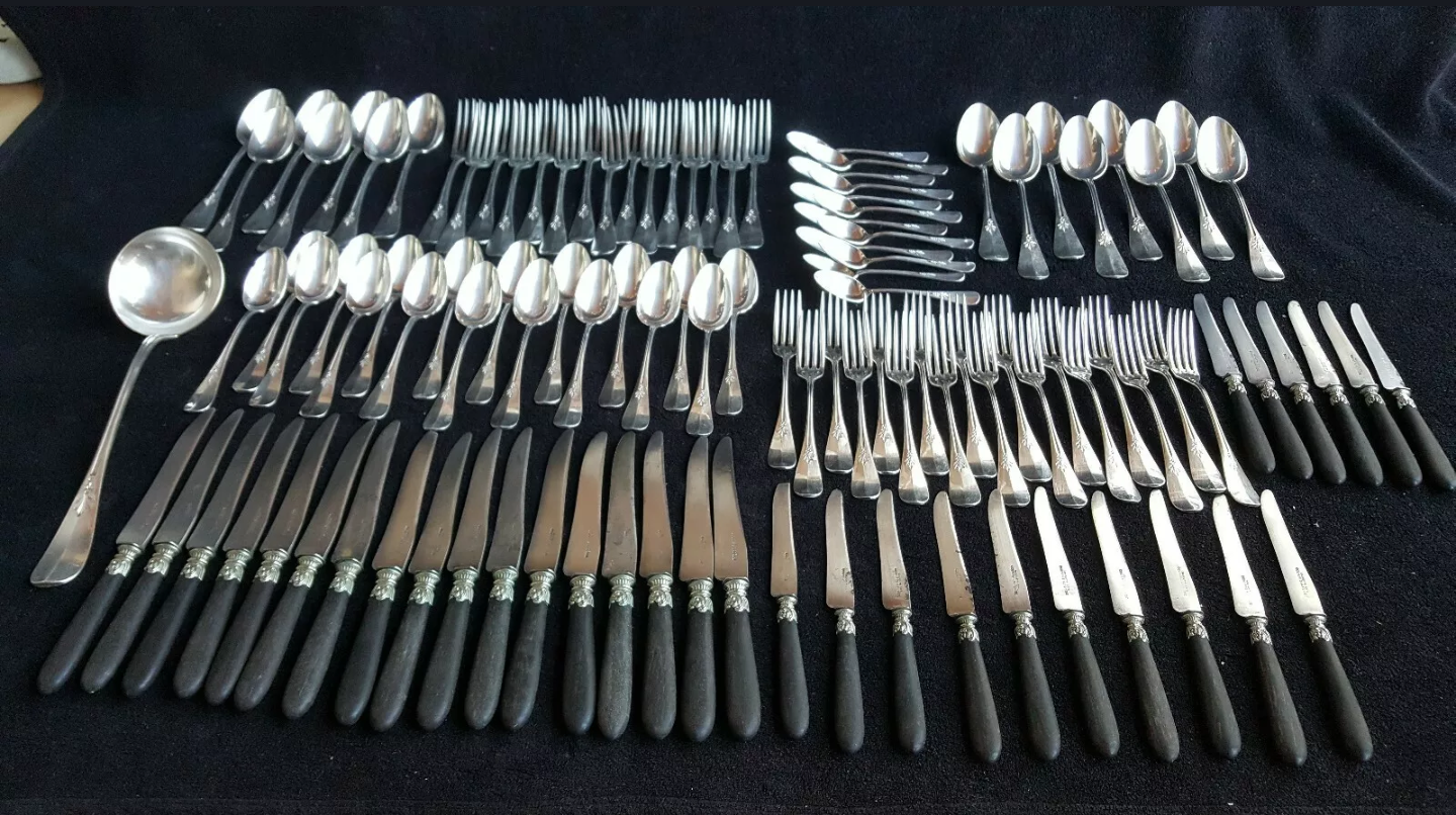 Cutlery set Alfenide Christofle 112 pieces goat's head punch white metal 1900