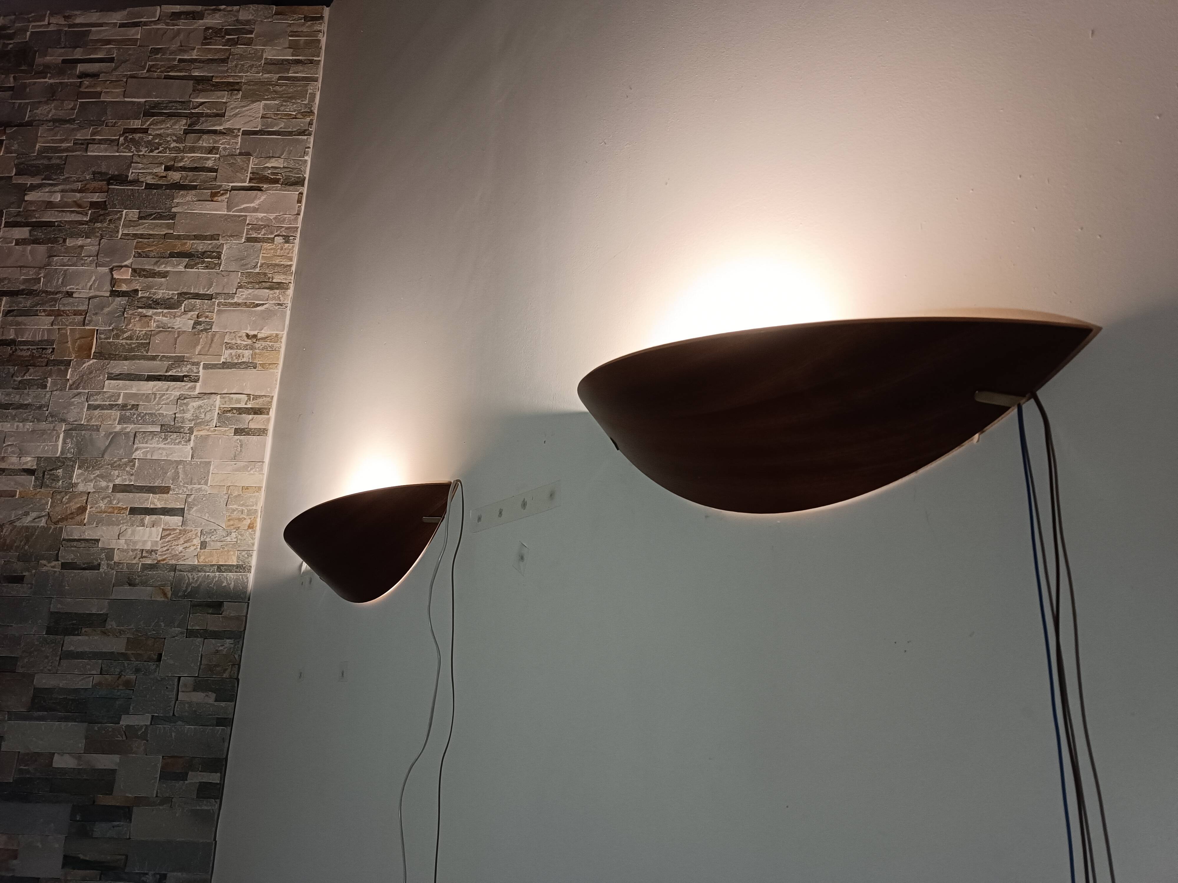 Pair of wooden and brass wall lights by Declic 1980