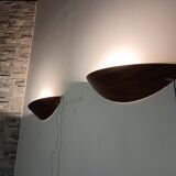 Pair of wooden and brass wall lights by Declic 1980