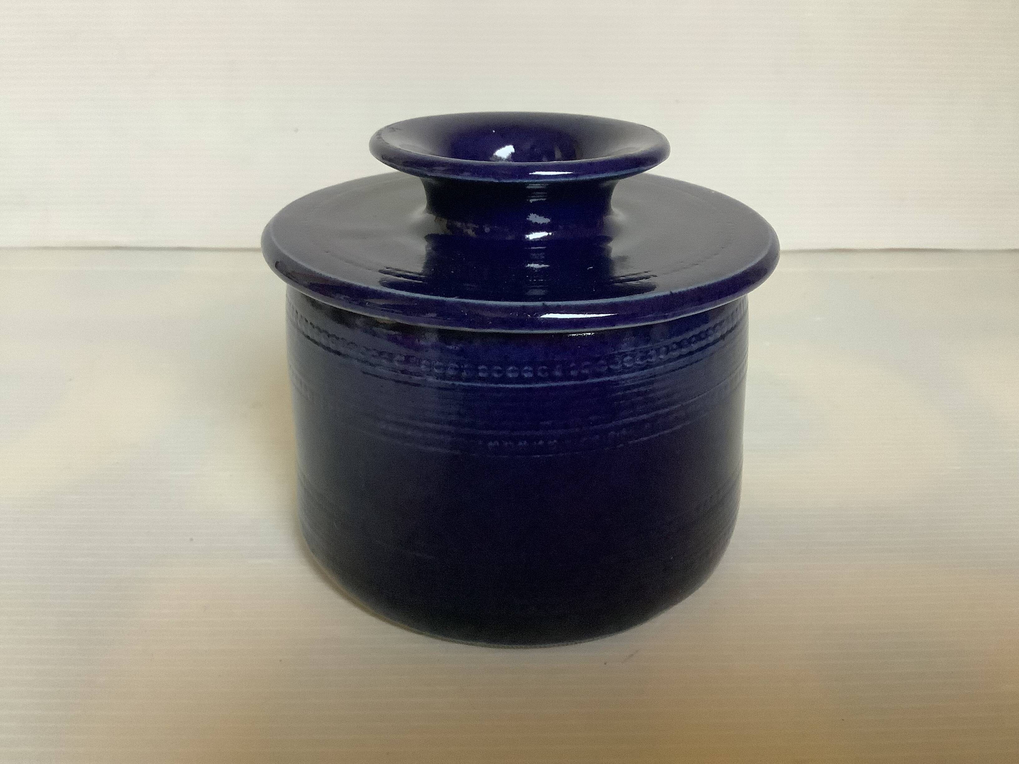 Blue stoneware water butter dish
