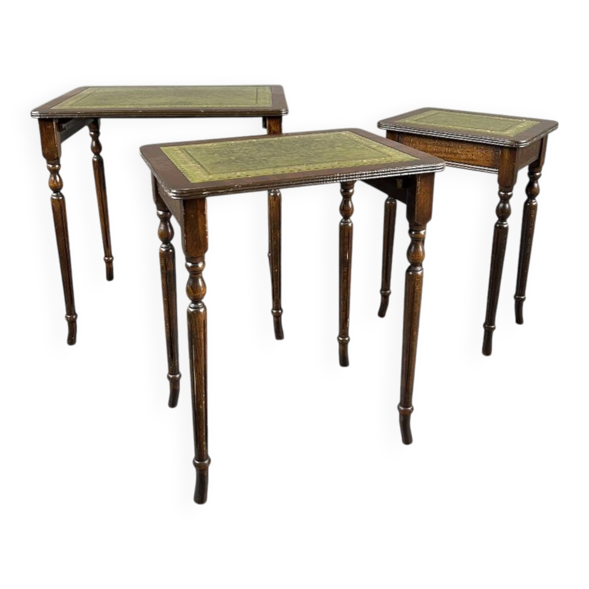 Set of 3 nesting tables in wood and green leather, 20th Century