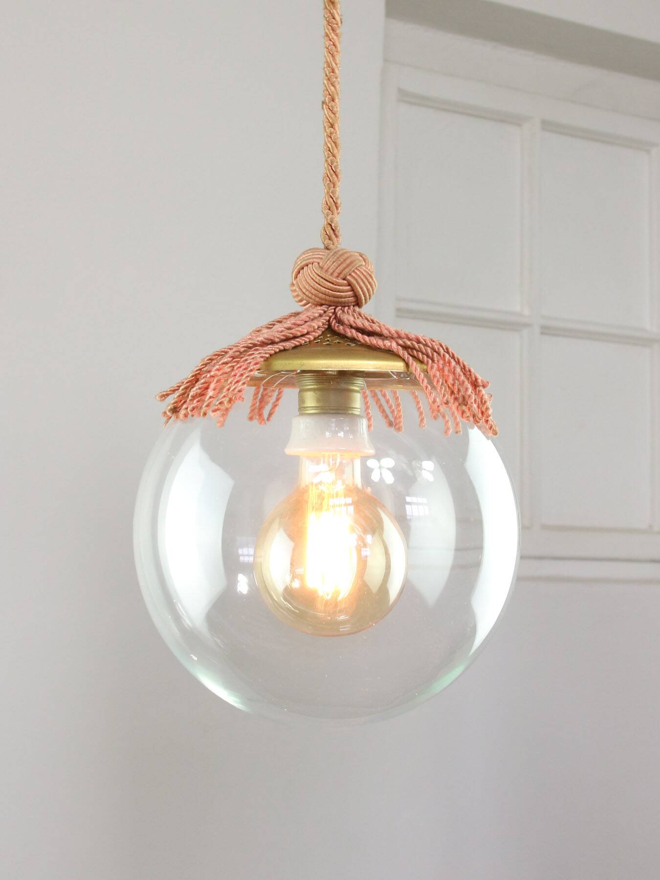 Art Deco Italian Pink Fabric and Brass Globe Pendant Lamp