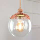 Art Deco Italian Pink Fabric and Brass Globe Pendant Lamp